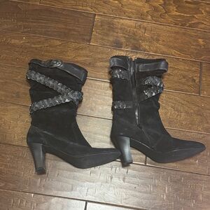 Black Suede Mid-Calf Heeled Boots  Braided Straps - unworn but cosmetic  flaws